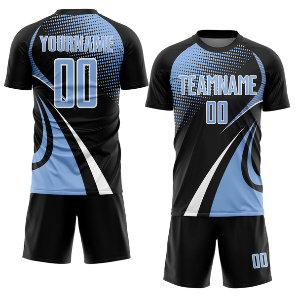 Custom Black Light Blue-White Halftone Dot Dynamic Curve Stripe Sublimation Soccer Uniform Jersey