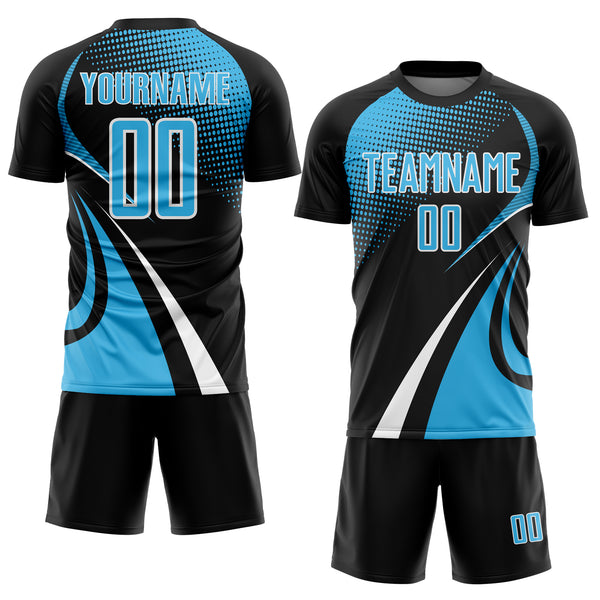 Custom Black Sky Blue-White Halftone Dot Dynamic Curve Stripe Sublimation Soccer Uniform Jersey
