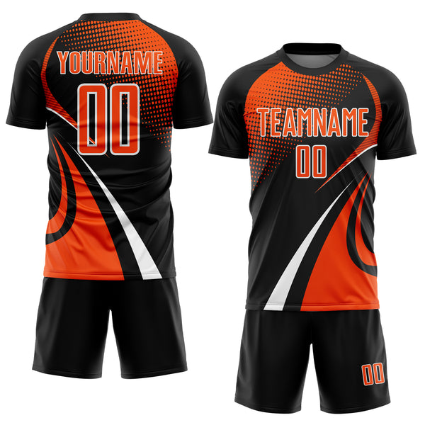 Custom Black Orange-White Halftone Dot Dynamic Curve Stripe Sublimation Soccer Uniform Jersey