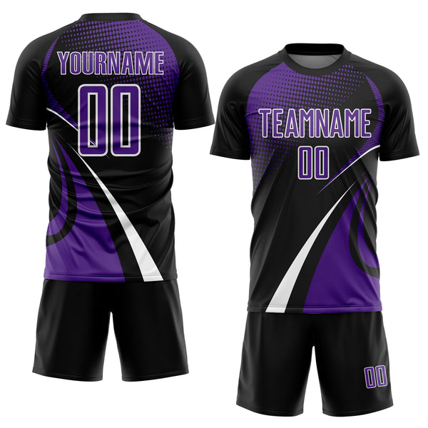 Custom Black Purple-White Halftone Dot Dynamic Curve Stripe Sublimation Soccer Uniform Jersey
