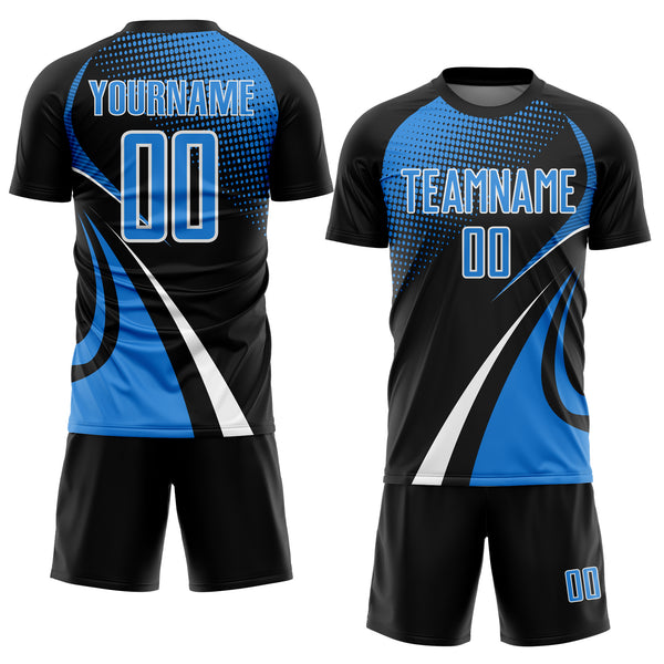 Custom Black Powder Blue-White Halftone Dot Dynamic Curve Stripe Sublimation Soccer Uniform Jersey