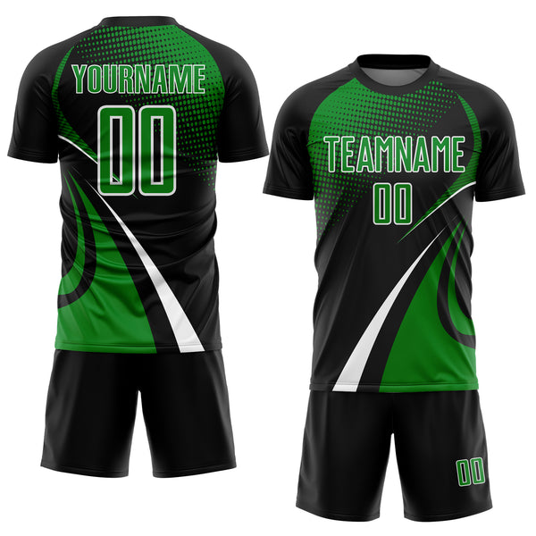 Custom Black Grass Green-White Halftone Dot Dynamic Curve Stripe Sublimation Soccer Uniform Jersey