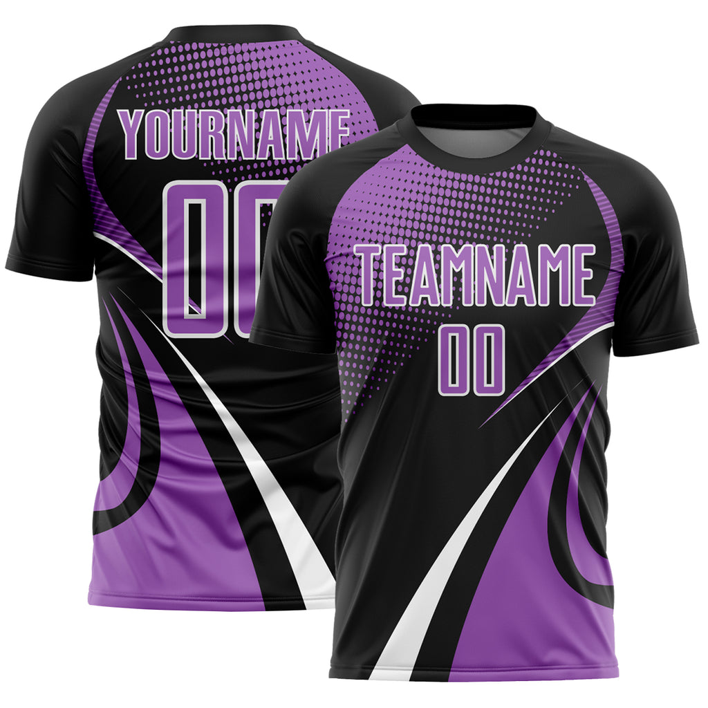 Custom Black Medium Purple-White Halftone Dot Dynamic Curve Stripe Sublimation Soccer Uniform Jersey