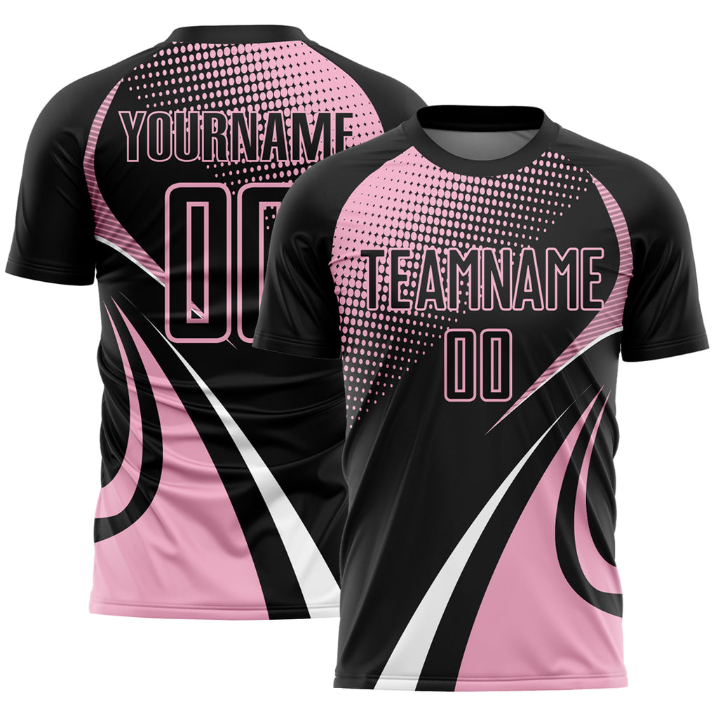 Custom Black Light Pink-White Halftone Dot Dynamic Curve Stripe Sublimation Soccer Uniform Jersey
