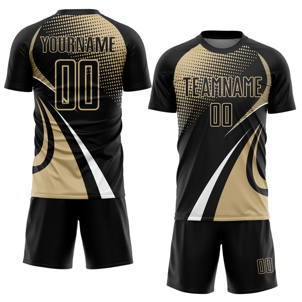 Custom Black Vegas Gold-White Halftone Dot Dynamic Curve Stripe Sublimation Soccer Uniform Jersey