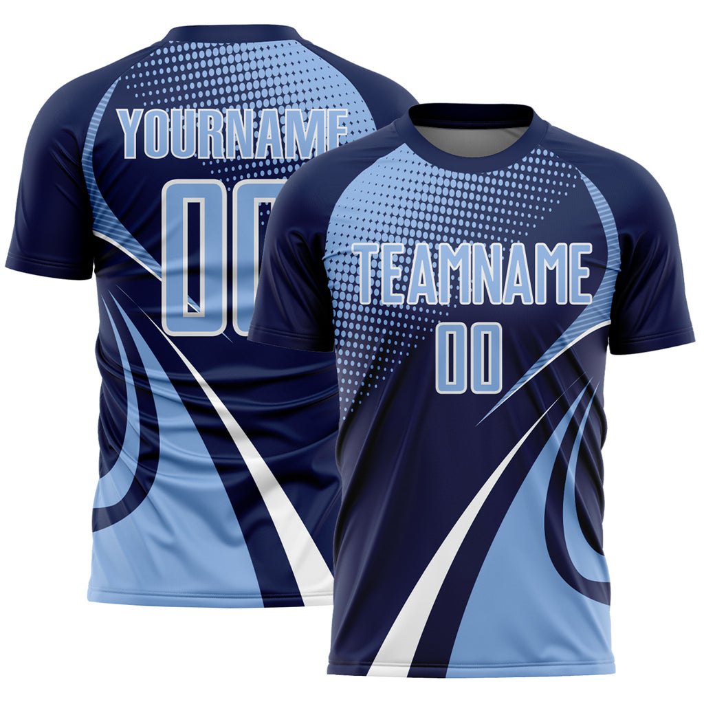 Custom Navy Light Blue-White Halftone Dot Dynamic Curve Stripe Sublimation Soccer Uniform Jersey