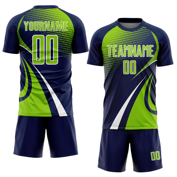 Custom Navy Neon Green-White Halftone Dot Dynamic Curve Stripe Sublimation Soccer Uniform Jersey