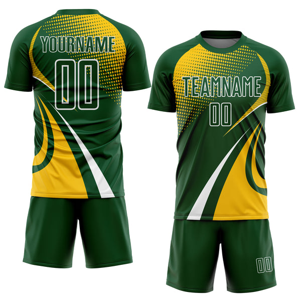 Custom Green Yellow-White Halftone Dot Dynamic Curve Stripe Sublimation Soccer Uniform Jersey