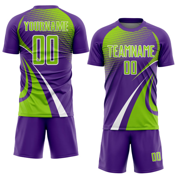 Custom Purple Neon Green-White Halftone Dot Dynamic Curve Stripe Sublimation Soccer Uniform Jersey