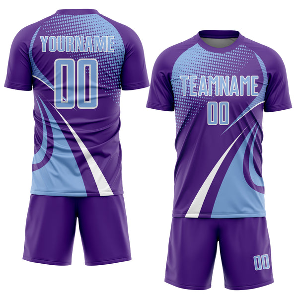 Custom Purple Light Blue-White Halftone Dot Dynamic Curve Stripe Sublimation Soccer Uniform Jersey