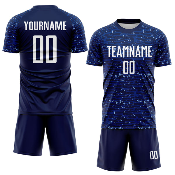 Custom Navy-White Distressed Fragment Brush Stroke Sublimation Soccer Uniform Jersey