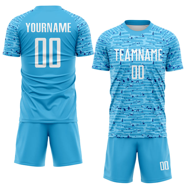 Custom Sky Blue-White Distressed Fragment Brush Stroke Sublimation Soccer Uniform Jersey