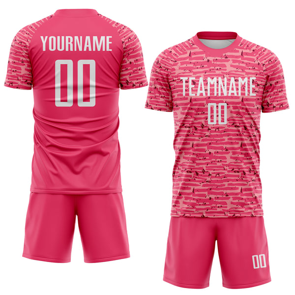 Custom Neon Pink-White Distressed Fragment Brush Stroke Sublimation Soccer Uniform Jersey