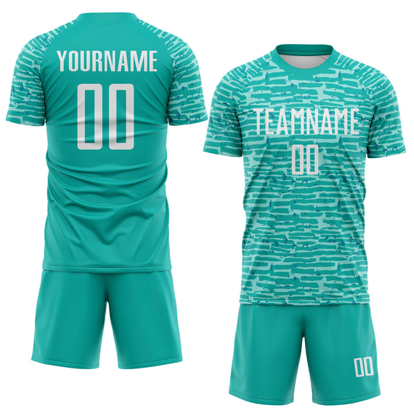 Custom Aqua-White Distressed Fragment Brush Stroke Sublimation Soccer Uniform Jersey