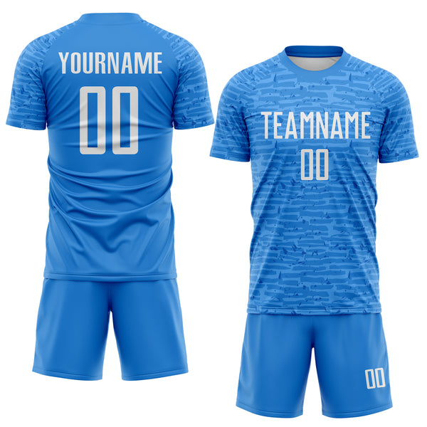 Custom Powder Blue-White Distressed Fragment Brush Stroke Sublimation Soccer Uniform Jersey