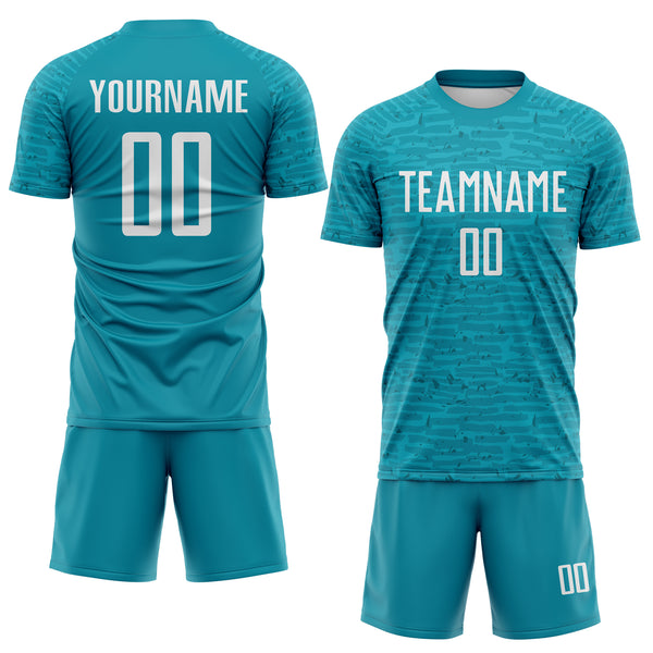 Custom Teal-White Distressed Fragment Brush Stroke Sublimation Soccer Uniform Jersey