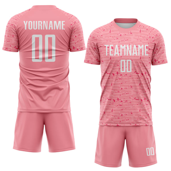 Custom Medium Pink-White Distressed Fragment Brush Stroke Sublimation Soccer Uniform Jersey