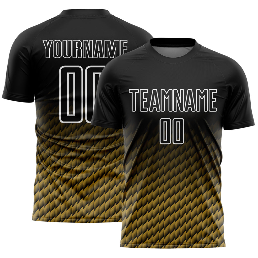 Custom Black Old Gold-White Geometric Wave Gradient Sublimation Soccer Uniform Jersey
