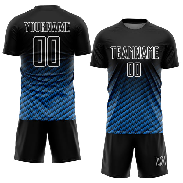 Custom Black Powder Blue-White Geometric Wave Gradient Sublimation Soccer Uniform Jersey