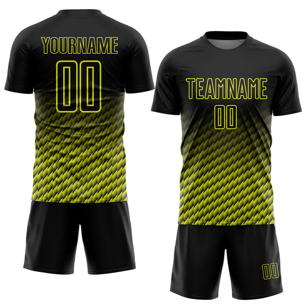 Custom Black-Neon Yellow Geometric Wave Gradient Sublimation Soccer Uniform Jersey