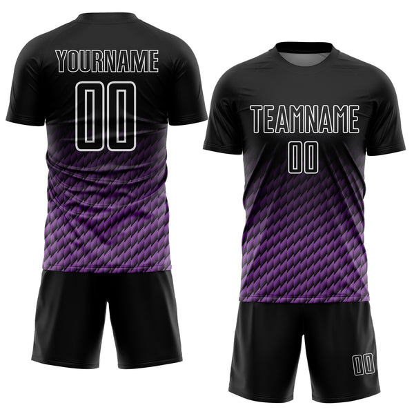 Custom Black Medium Purple-White Geometric Wave Gradient Sublimation Soccer Uniform Jersey