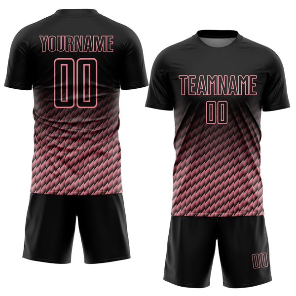 Custom Black-Medium Pink Geometric Wave Gradient Sublimation Soccer Uniform Jersey
