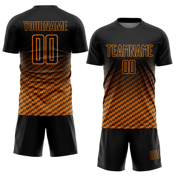 Custom Black-Bay Orange Geometric Wave Gradient Sublimation Soccer Uniform Jersey