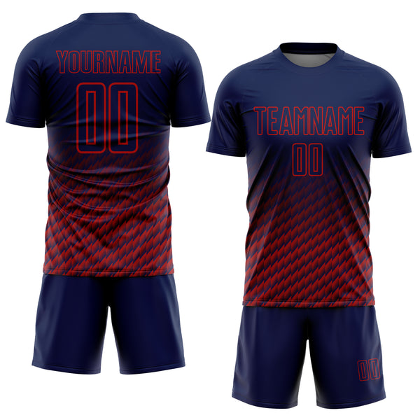Custom Navy-Red Geometric Wave Gradient Sublimation Soccer Uniform Jersey
