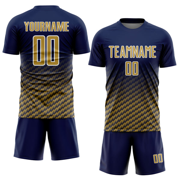Custom Navy Old Gold-White Geometric Wave Gradient Sublimation Soccer Uniform Jersey