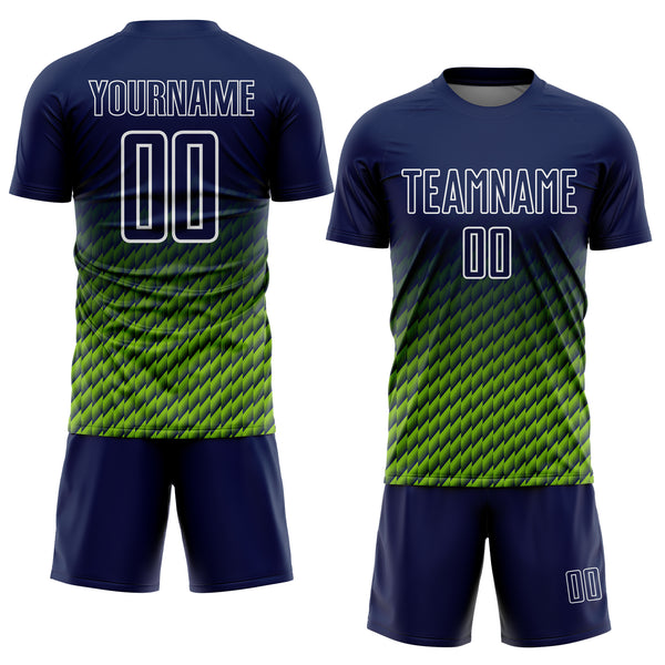 Custom Navy Neon Green-White Geometric Wave Gradient Sublimation Soccer Uniform Jersey