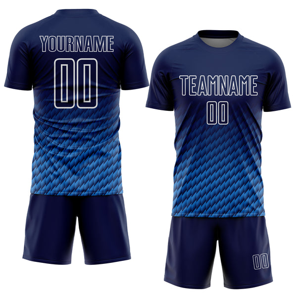 Custom Navy Powder Blue-White Geometric Wave Gradient Sublimation Soccer Uniform Jersey