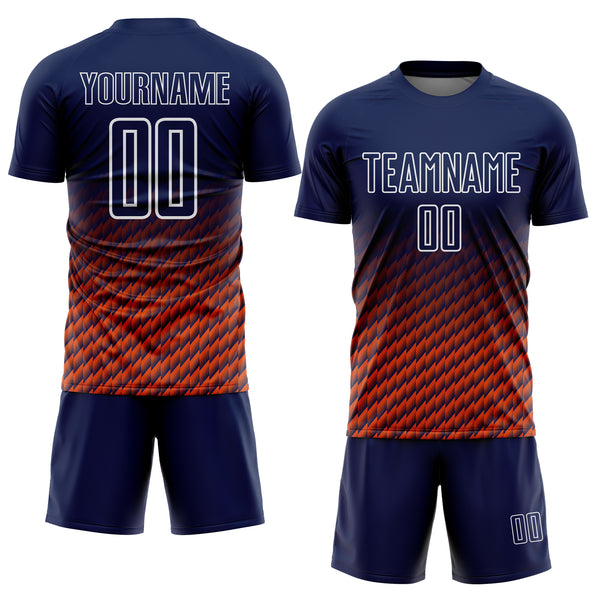 Custom Navy Orange-White Geometric Wave Gradient Sublimation Soccer Uniform Jersey