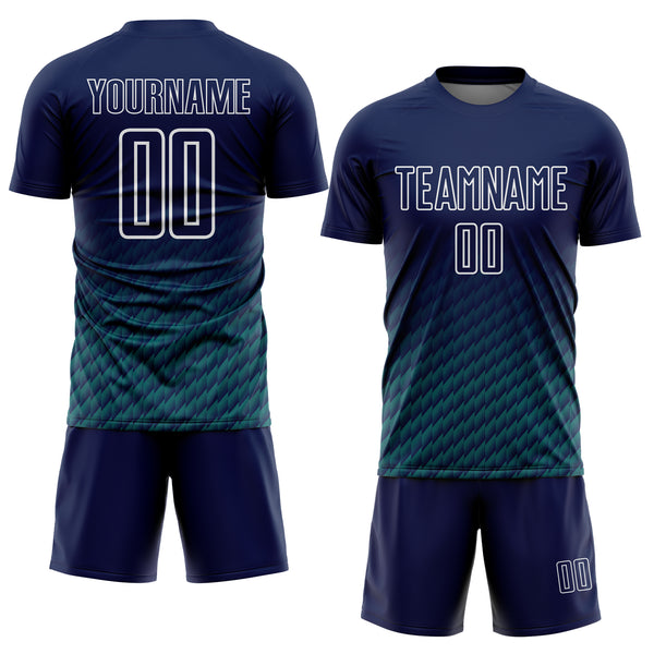 Custom Navy Teal-White Geometric Wave Gradient Sublimation Soccer Uniform Jersey