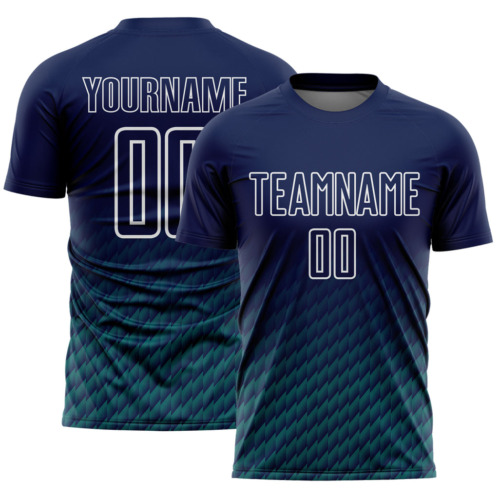 Custom Navy Teal-White Geometric Wave Gradient Sublimation Soccer Uniform Jersey