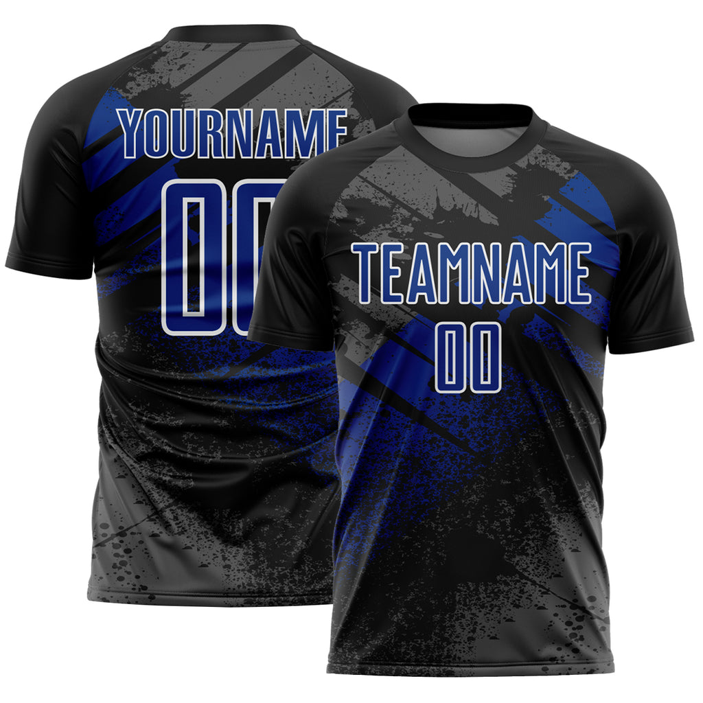 Custom Black Royal-White Grunge Splatter Brush Stroke Sublimation Soccer Uniform Jersey