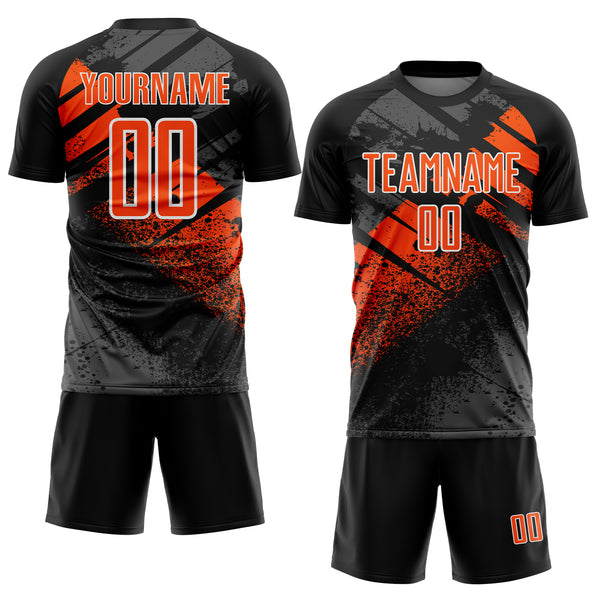 Custom Black Orange-White Grunge Splatter Brush Stroke Sublimation Soccer Uniform Jersey