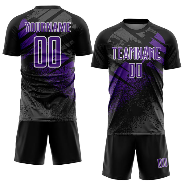 Custom Black Purple-White Grunge Splatter Brush Stroke Sublimation Soccer Uniform Jersey