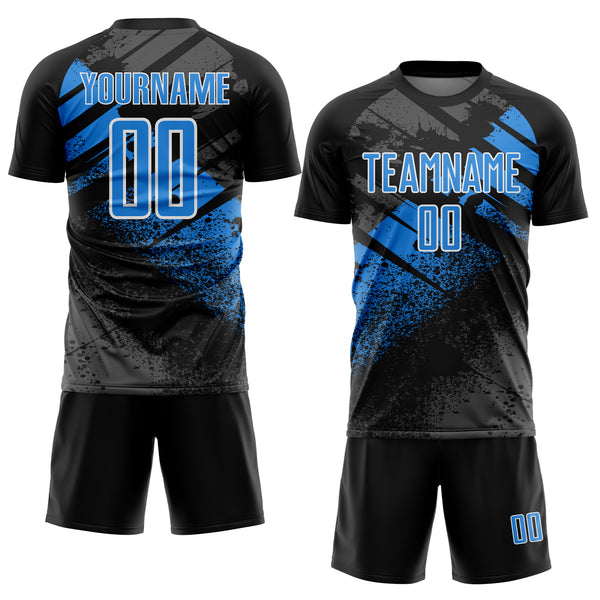 Custom Black Powder Blue-White Grunge Splatter Brush Stroke Sublimation Soccer Uniform Jersey