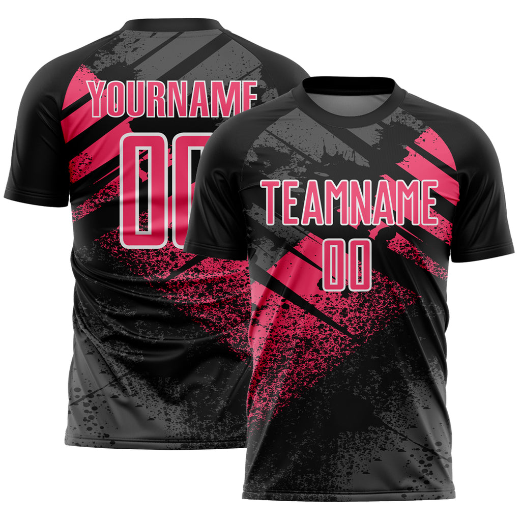 Custom Black Neon Pink-White Grunge Splatter Brush Stroke Sublimation Soccer Uniform Jersey