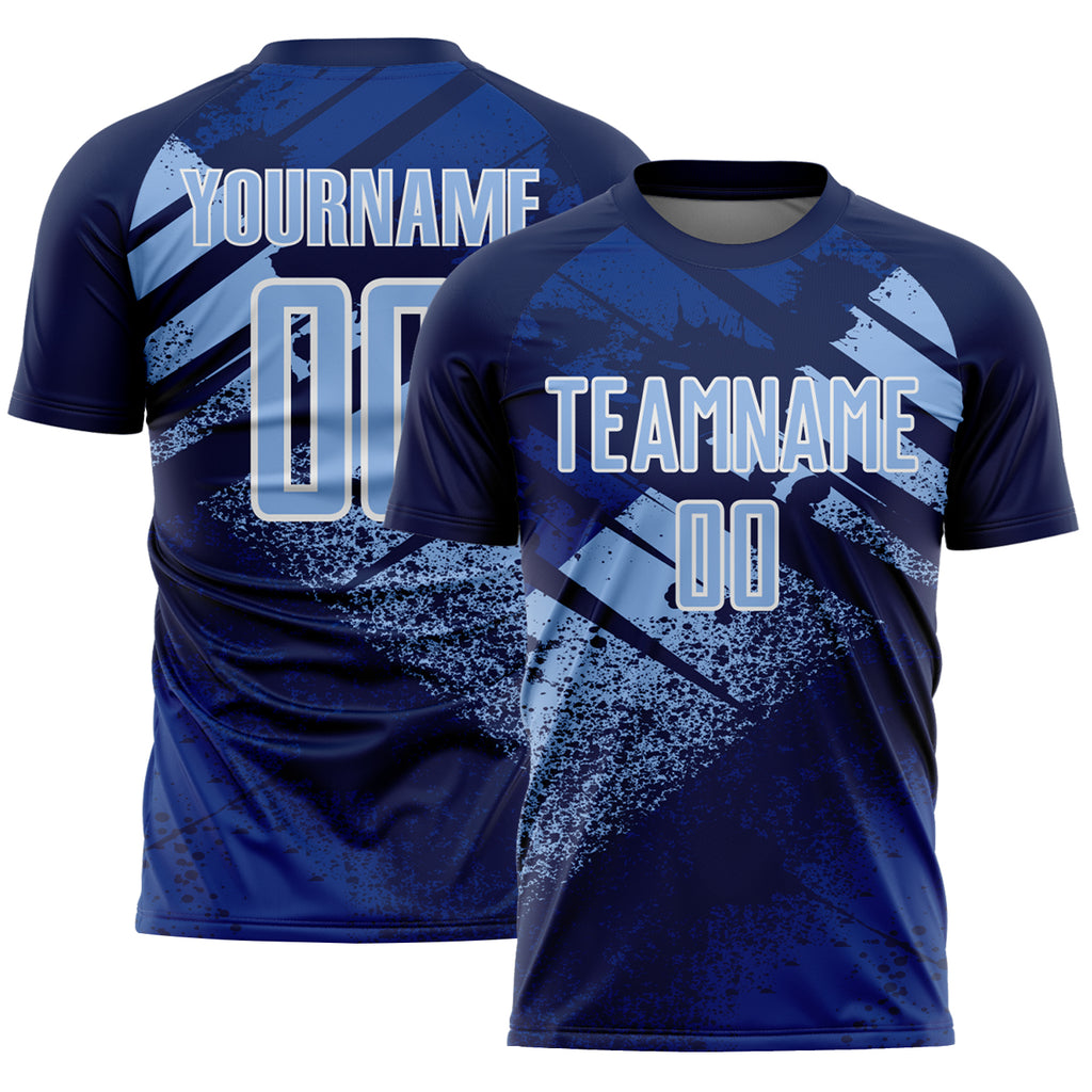Custom Navy Light Blue-White Grunge Splatter Brush Stroke Sublimation Soccer Uniform Jersey