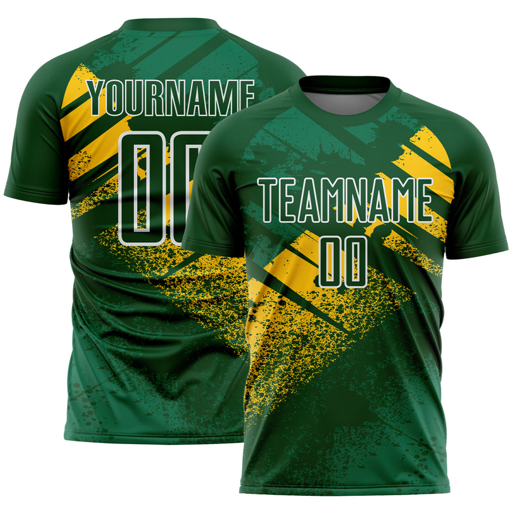 Custom Green Yellow-White Grunge Splatter Brush Stroke Sublimation Soccer Uniform Jersey