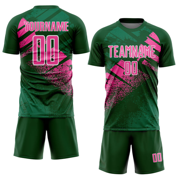 Custom Green Pink-White Grunge Splatter Brush Stroke Sublimation Soccer Uniform Jersey