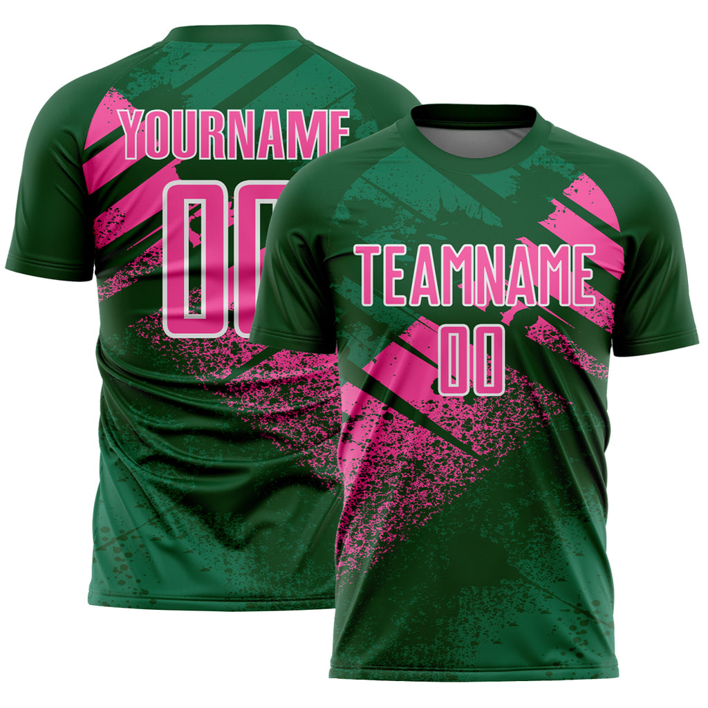 Custom Green Pink-White Grunge Splatter Brush Stroke Sublimation Soccer Uniform Jersey