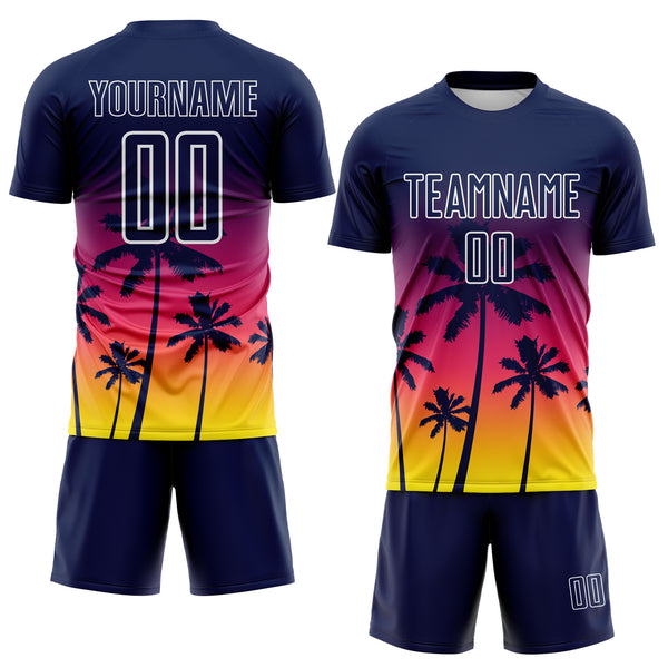 Custom Navy Neon Pink Light Yellow-White Tropical Hawaii Palm Trees Gradient Sublimation Soccer Uniform Jersey
