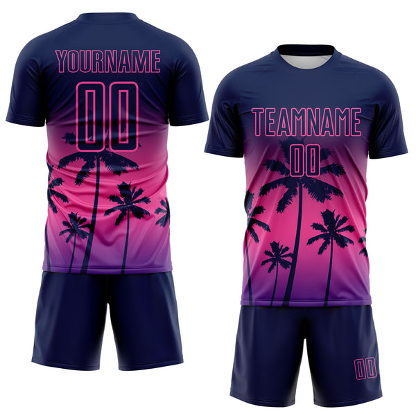 Custom Navy Pink-Purple Tropical Hawaii Palm Trees Gradient Sublimation Soccer Uniform Jersey
