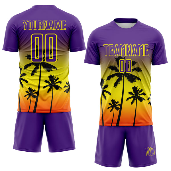 Custom Purple Light Yellow-Orange Tropical Hawaii Palm Trees Gradient Sublimation Soccer Uniform Jersey