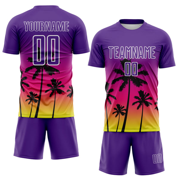 Custom Purple Hot Pink Neon Yellow-White Tropical Hawaii Palm Trees Gradient Sublimation Soccer Uniform Jersey
