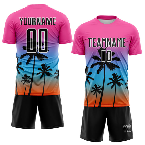 Custom Pink Black Sky Blue Orange-White Tropical Hawaii Palm Trees Gradient Sublimation Soccer Uniform Jersey