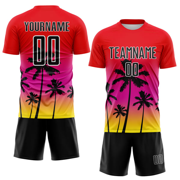 Custom Fire Red Black Deep Pink Light Yellow-White Tropical Hawaii Palm Trees Gradient Sublimation Soccer Uniform Jersey
