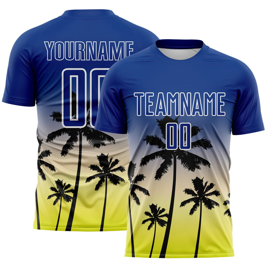 Custom Royal Cream Neon Yellow-White Tropical Hawaii Palm Trees Gradient Sublimation Soccer Uniform Jersey